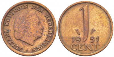 Нидерланды 1 цент 1951 Юлиана (1948-1980) КМ 180 бронза 3955-221