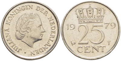 Нидерланды 25 центов 1979 Юлиана (1949-1980) KM 183 никель 112-1047