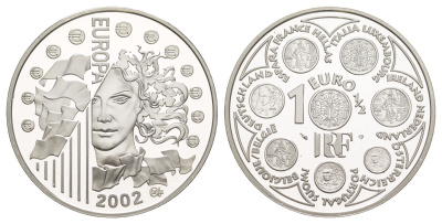 Франция 1 1/2 евро 2002 введение евро, в оригинальной коробке, сертификат KM 1301 серебро  PROOF  1-6-4-31