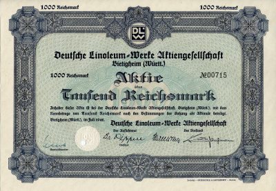 Германия 1000 рейхсмарок 1942 АО Немецкий линолеум-Верке, Битигхайм, акция   бумага  8804-121-1