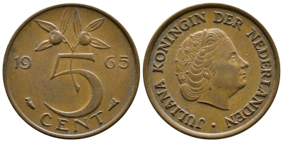 Нидерланды 5 центов 1965 Юлиана (1949-1980) KM 181 бронза 261-1012