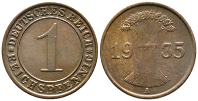 Германия 1 рейхспфенниг 1935 A KM 37, J. 313 бронза 39-1116