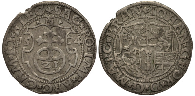 Бранденбург-Пруссия 1/21 талера 1574 Йоханн Георг (1571-1598), вес 2,07 гр. Saurma 4790 серебро 1516-225