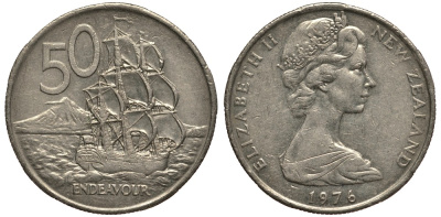 Новая Зеландия 50 центов 1976 Елизавета II (1952-2022), парусник Индевор KM 37.1 медно-никель VF 4185-735