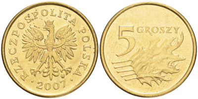 ПОЛЬША 5 ГРОШЕЙ 2007 MW KM 278 латунь UNC 4516-1244