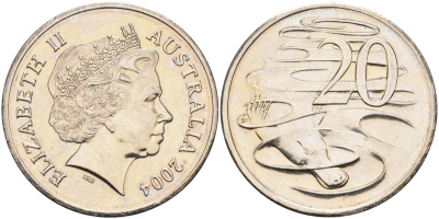 Австралия 20 центов 2004 Елизавета II (1952-), утконос KM 403 медно-никель 4131-1244