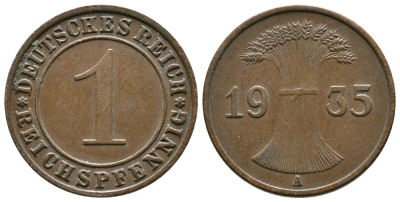 Германия 1 рейхспфенниг 1935 A KM 37, J. 313 бронза 4380-1266