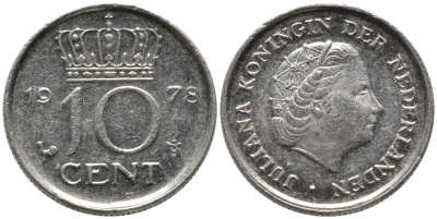 Нидерланды 10 центов 1978 Юлиана (1948-1980) КМ 182 никель 220-1269