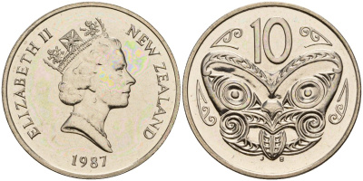 Новая Зеландия 10 центов 1987 Елизавета II (1952-2022), маска маори KM 61 медно-никель PROOF 3711-1411