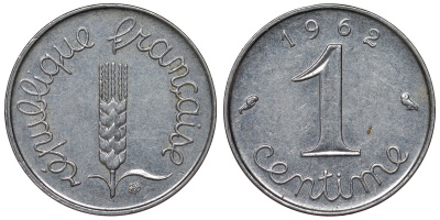 Франция 1 сантим 1962 пятая республика KM 928, Le Franc 106.4 нержавеющая сталь 4124-354