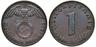 ГЕРМАНИЯ 1 РЕЙХСПФЕННИГ 1939 B J 361, KM 89 бронза 72-1635