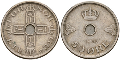 Норвегия 50 эре 1948 Хокон VII (1905-1957) KM 386 медно-никель 4187-917
