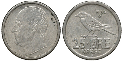 Норвегия 25 эре 1964 Улаф V (1958-1991), синица KM 407 медно-никель 72-1132