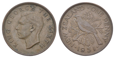 Новая Зеландия 1 пенни 1951 Георг VI (1936-1952), новозеландский туи KM 21 бронза    4512-143