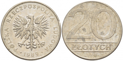 ПОЛЬША 20 ЗЛОТЫХ 1989 MW KM 153.2 медно-никель 77-722