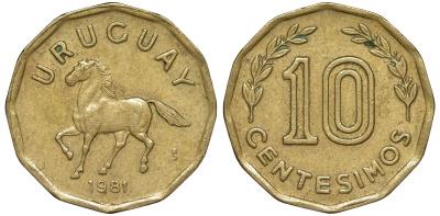 Уругвай 10 сентесимо 1981 KM 66 алюминиевая бронза 4169-522