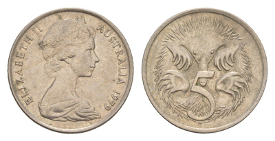 Австралия 5 центов 1979 Елизавета II (1952-2022) молодой портрет, ехидна KM 64 медно-никель 4655-1267