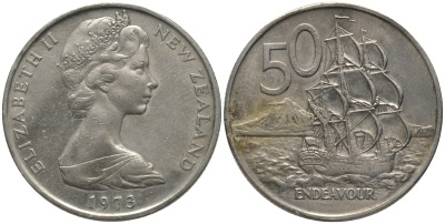 Новая Зеландия 50 центов 1973 Елизавета II (1952-2022), парусник Индевор KM 37 медно-никель 4558-1235