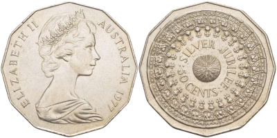 АВСТРАЛИЯ 50 ЦЕНТОВ 1977 СЕРЕБРЯННЫЙ ЮБИЛЕЙ, 25 ЛЕТ ПРАВЛЕНИЯ, ЕЛИЗАВЕТА II (1953-) МОЛОДОЙ ПОРТРЕТ KM 70 медно-никель 4184-1035