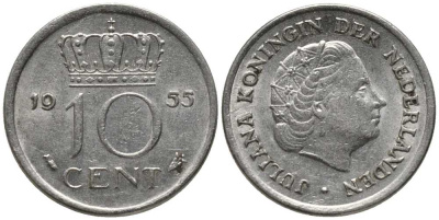 Нидерланды 10 центов 1955 Юлиана (1949-1980) KM 182 никель 112-733