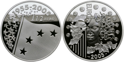 Франция 1 1/2 евро 2005 50 лет флагу объединенной Европы (1955-2005) KM 1434 серебро PROOF 1095-3-54