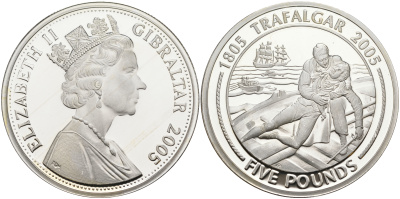 Гибралтар 5 фунтов 2005 Трафальгарское сражение, спасение на шлюпках серебро PROOF 1095-1-61