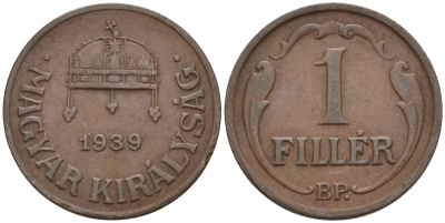 Венгрия 1 филлер 1939 BP KM 505 бронза 4115-1035