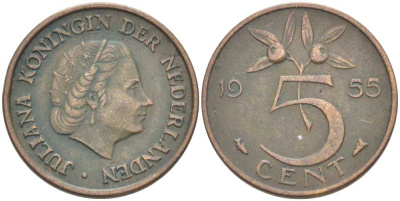 НИДЕРЛАНДЫ 5 ЦЕНТОВ 1955 ЮЛИАНА (1948-1980) KM 181 бронза 213-1023
