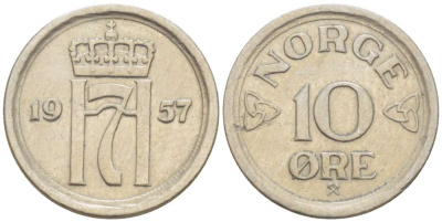 НОРВЕГИЯ 10 ЭРЕ 1957 ХОКОН VII (1905-1957) KM 396 медно-никель 4516-764