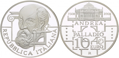 Италия 10 евро 2008 500 лет со дня рождения Андреа Палладио KM 305 серебро PROOF 01-146-24
