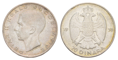 Югославия 20 динаров 1938 Петр II (1934-1945) KM 23 серебро 4646-527