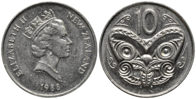 Новая Зеландия 10 центов 1988 Елизавета II (1952-2022), маска маори KM 61 медно-никель 4579-954