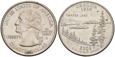США 25 центов = квотер 2005 D, серия штаты США, Орегон KM 372 медь плакированная медно-никелем 4143-1156