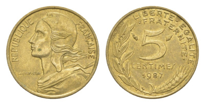 Франция 5 сантимов 1987 тип Morlon KM 933, Le Franc 125.23 алюминиевая бронза 4630-343