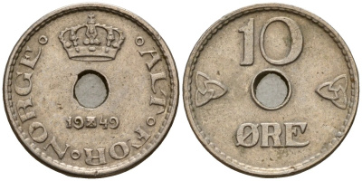 Норвегия 10 эре 1940 Хокон VII (1905-1957) KM 383 медно-никель 4189-748