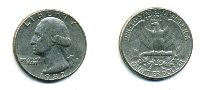 США 25 центов = квотер 1982 D, Вашингтон KM A164a медь плакированная медно-никелем 59-1942