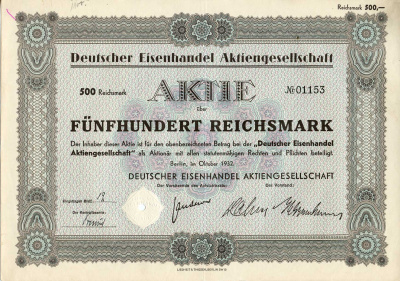 Германия 500 рейхсмарок 1932 Немецкое акционерное общество по торговле железом, акция   бумага  8803-147-1