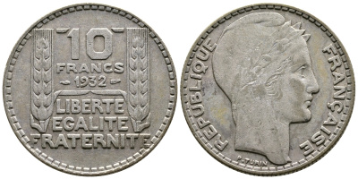 Франция 10 франков 1932 Пьер Тюрен KM 878, Le Franc 360.5 серебро 4683-1034
