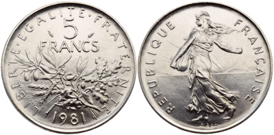 Франция 5 франков 1981 сеятель, тираж 50011 экземпляров KM 926a.1, LE FRANC 341.13 медно-никель плакированный никелем  UNC  1530-1412