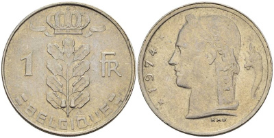 Бельгия 1 франк 1974 Belgique, Бодуэн I (1951-1993) KM 142.1 медно-никель 4546-515