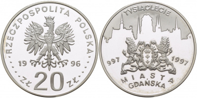Польша 20 злотых 1996 MW, 1000 летие Гданьска KM 319 серебро PROOF 11-208-43