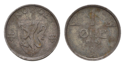 Норвегия 1 эре 1943 Хокон VII (1905-1957) KM 387 железо 4658-125