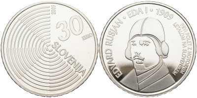 Словения 30 евро 2009 100 лет первому полету самолета Эдварда Русяна, коробка, сертификат KM 86 серебро BUNC 00-00