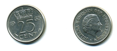 НИДЕРЛАНДЫ 25 ЦЕНТОВ 1963 ЮЛИАНА KM 183 никель 76-457