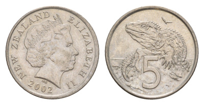 Новая Зеландия 5 центов 2002 Елизавета II (1952-2022), ящерица гаттерия KM 116 медно-никель 4588-452