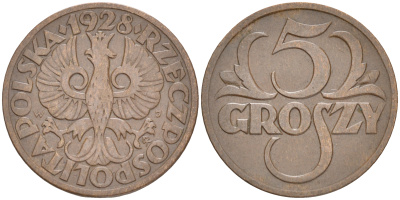 ПОЛЬША 5 ГРОШЕЙ 1928 w KM 10а бронза 4516-1122