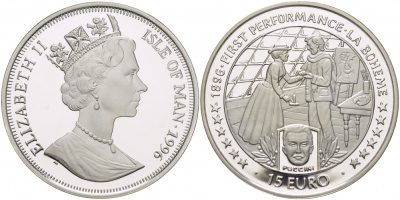 Остров Мэн 15 евро 1996 первое театральное представление 1896 год, Пуччини KM 719 серебро PROOF 11-174-21