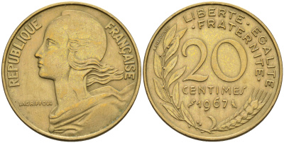 Франция 20 сантимов 1967 тип Marianne KM 930 медь алюминий никель    4595-1046
