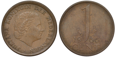 НИДЕРЛАНДЫ 1 ЦЕНТ 1966 ЮЛИАНА KM 180 бронза 45-413