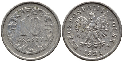 ПОЛЬША 10 ГРОШЕЙ 1991 MW KM 279 медно-никель 4392-559